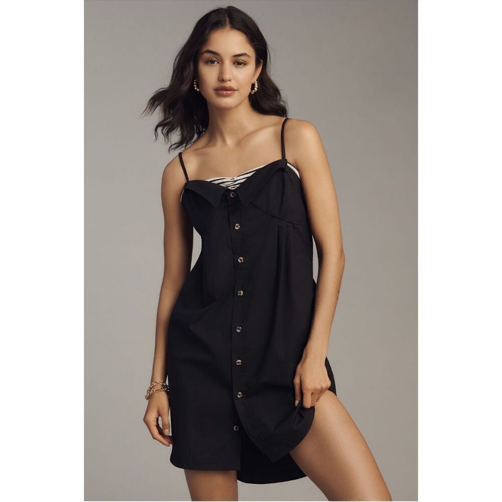 Maeve by Anthropologie Sleeveless Button-front Poplin Mini Dress XXS Black
